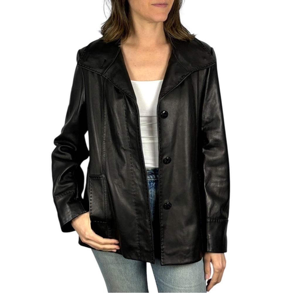 JONES NEW YORK BLACK LEATHER BUTTON DOWN A LINE STITCHED TRIM SWING JACKET